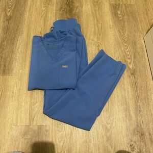 Figs Ceil Blue Women’s One Pocket Shirt & High Waisted Livingston Basic Pants